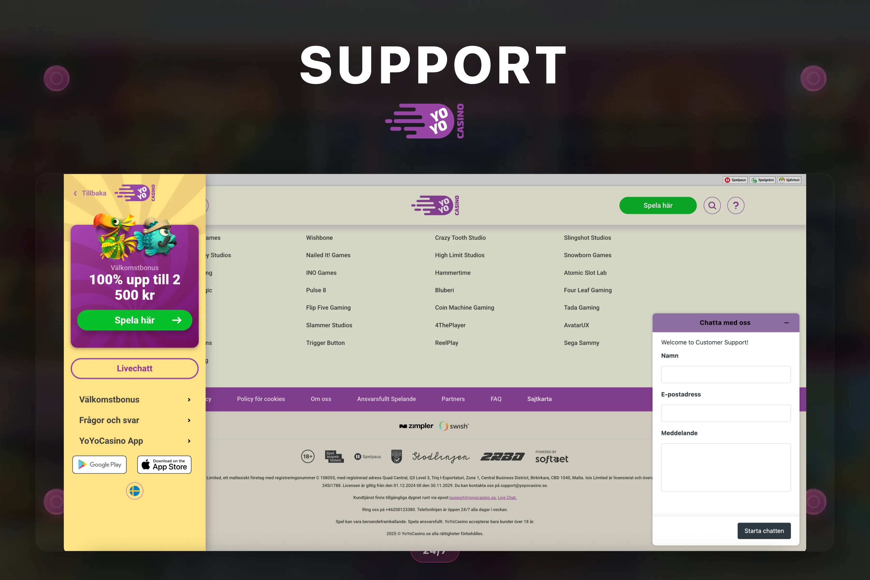 Kundtjänst hos Yoyo Casino — livechatt dygnet runt.