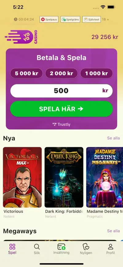 Yoyo Casino startsida på mobil.